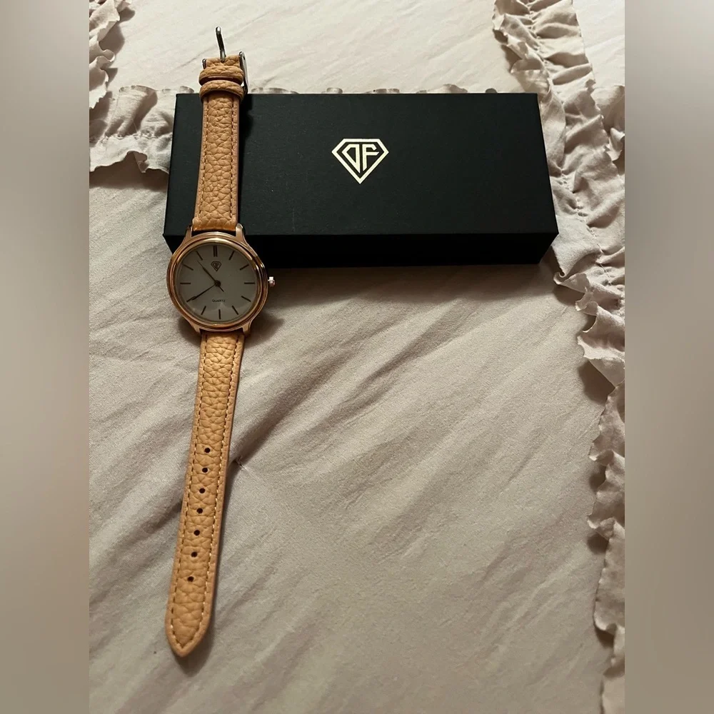 DF-women’s Japan Quartz Movement Stainless Back, Tan Leather Strap